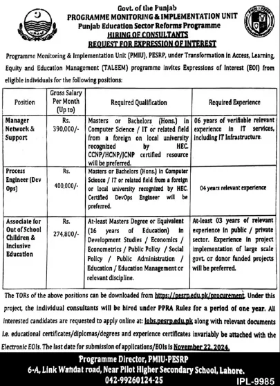 Program Monitoring And Implementation Unit PMIU Punjab Jobs