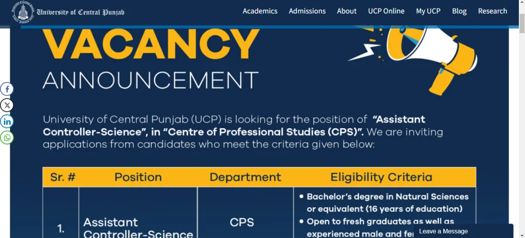 University of Central Punjab UCP Jobs in Lahore